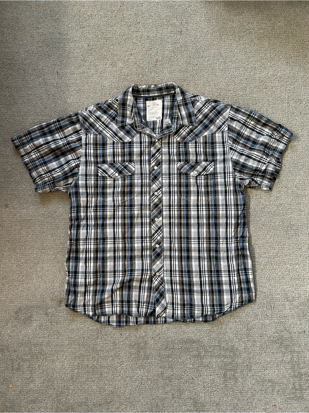 Vintage Route 66 Mens XL Short Sleeve Blue Brown Plaid Pearl Snap Western Style
